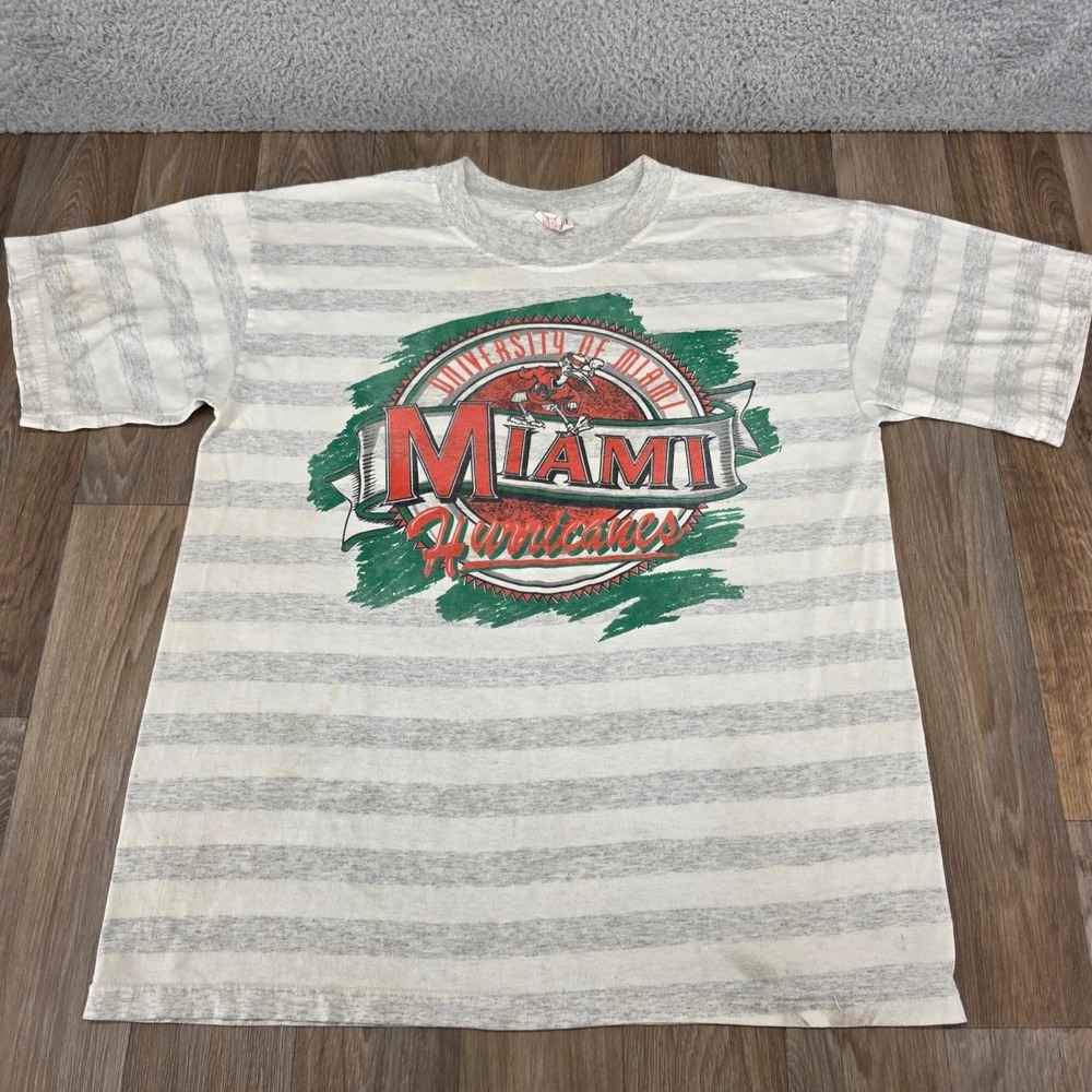 Vintage Miami Hurricanes Striped Graphic T-Shirt SK&S Made in USA Large 90s NCAA